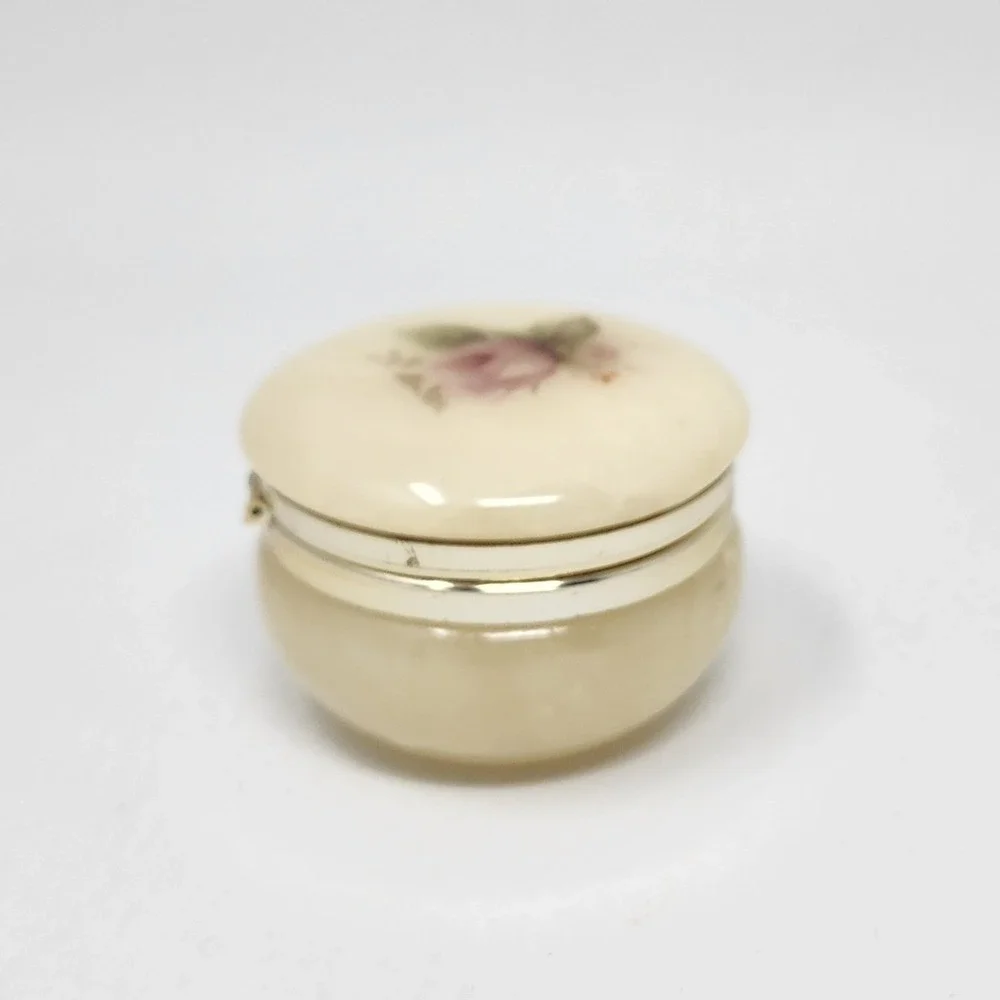 Vintage Alabaster Trinket Box Hand Painted Pink Rose Hinged Round Made in Italy